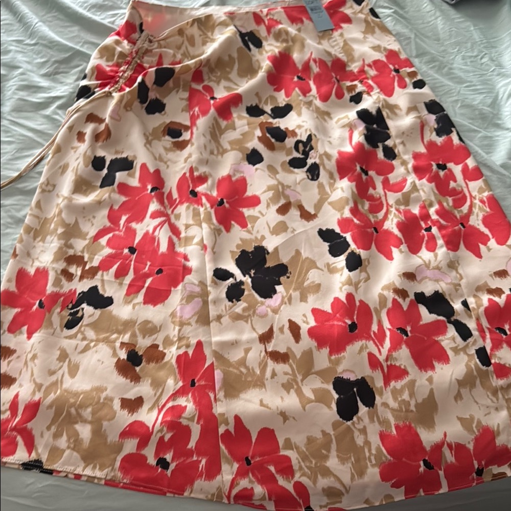 LOFT Red and Black Floral Midi Skirt